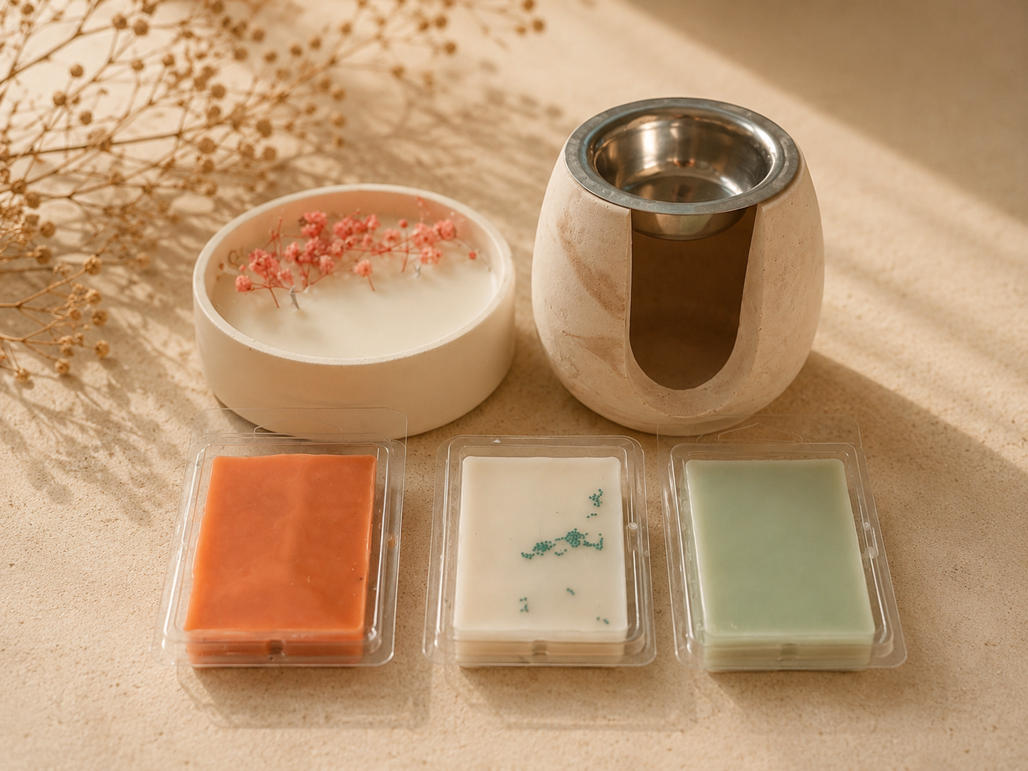 Pack Aura Completo de Aura Atelier: vela aromática, quemador de cera y 3 wax melts a elegir